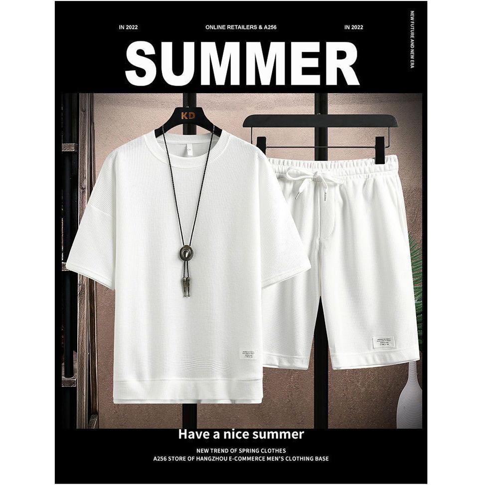 Waffle Men's Summer Short Sleeve and Shorts Two Piece Sets Sports Casual Tracksuit Men Comfortable Cool Shorts Oversized Set