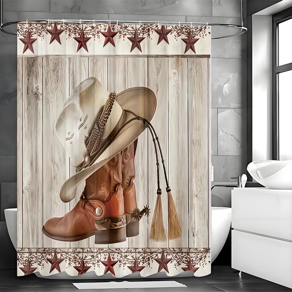 Western Cowboy Boots And Hat Shower Curtain Rustic Country Bathroom Decor Wooden Background With Red Stars Waterproof Fabric