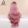 CharmSource Lange natürliche gewellte Perücke mit ordentlichem Pony/Fransen für Frauen, rosa Haar, synthetische Perücken, Cosplay, Party, hitzebeständige Faser