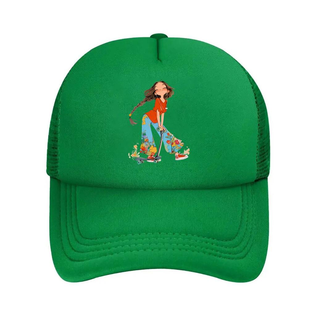 Cute Girl With Braid Scooter Floral Pants Graphic Mesh Baseball Cap For Womens Unisex FeUnisex Beach Dad Hat Hip Hop