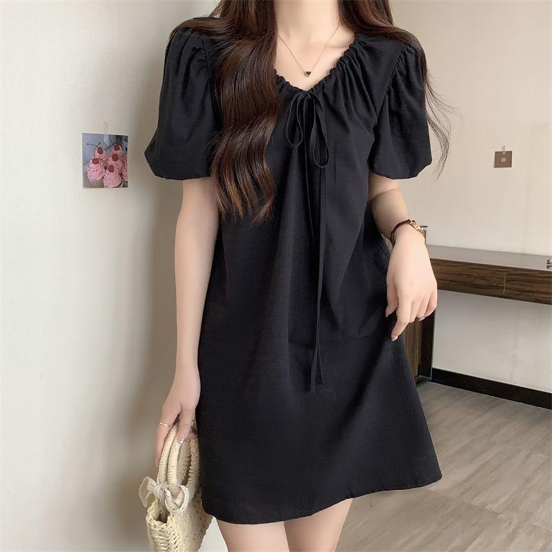 Puff Sleeve Elegant V-Neck Mini Dress Summer All-match Solid Color Female Clothing Fashionable Drawstring French Style Dresses