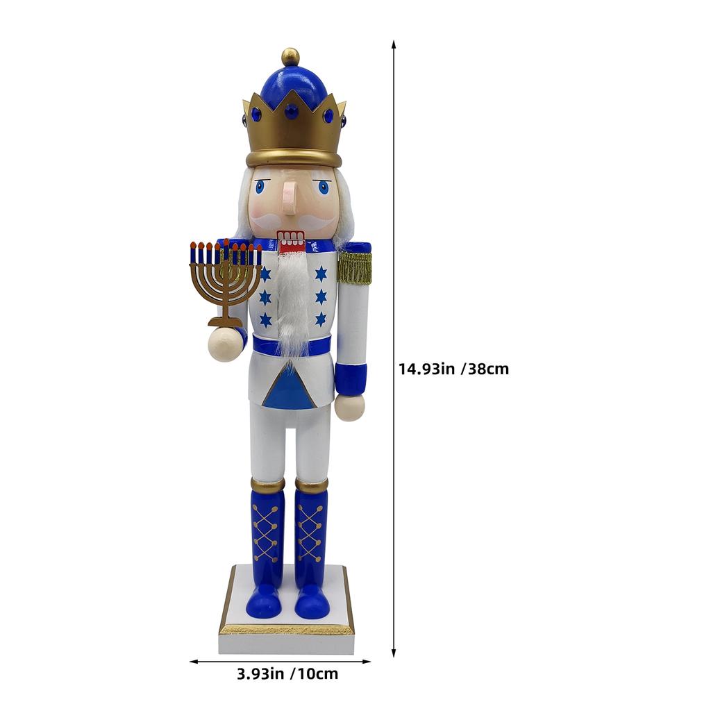 38 Cm Nutcracker Soldier Blue White Judaica Hanukkah Christmas Tabletop Decor Wooden Traditional Judaica Holiday Mantelpiece