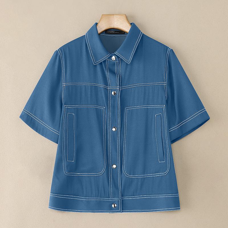 ZANZEA Women Casual Turn Down Collar Summer Short Sleeve Blouse