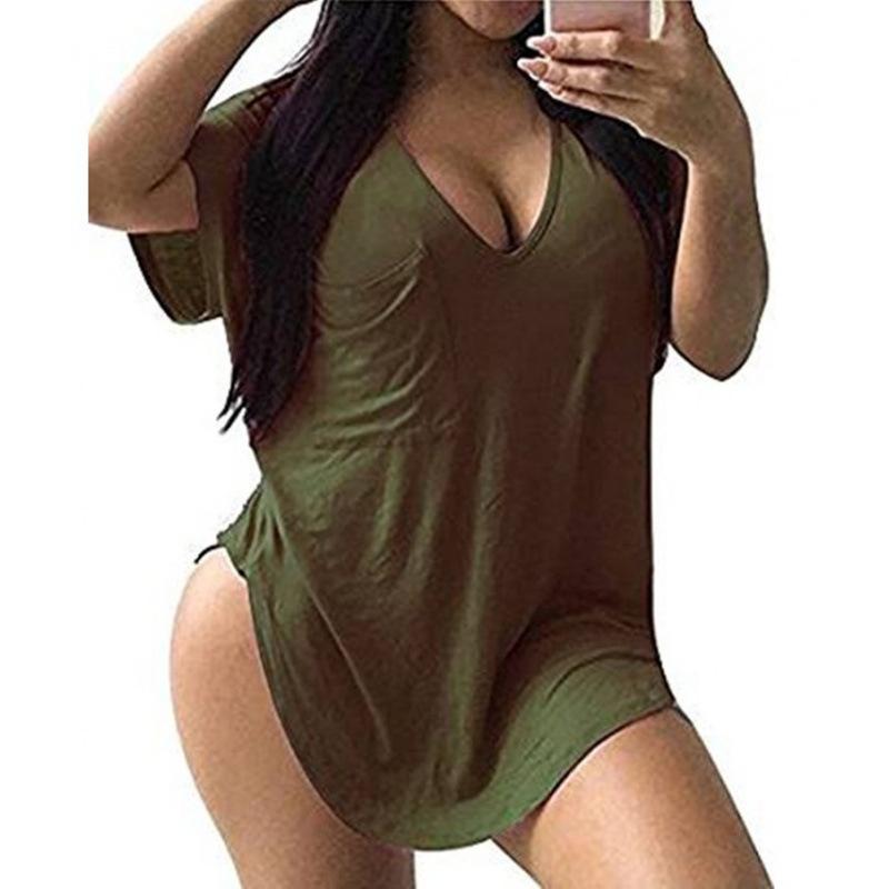 QICED Camicette e camicie da donna con scollo a V, maniche corte, stampa tinta unita casual alla moda