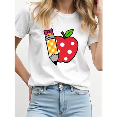 Damen T-Shirt mit Bleistift-Print, Kurzarm, Neue Campusmode, Lässig, Frühling Sommer, Ausflugs-T-Shirt, Ideales Geschenk