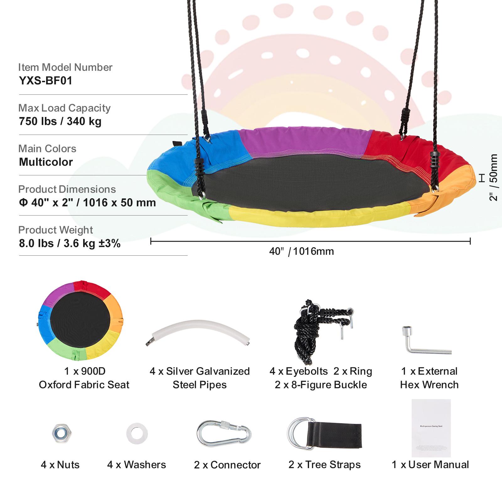 

SucceBuy Качели-тарелка 750 фунтов Качельное сиденье 2 подвесных ремня для дерева Регулируемые многожильные веревки Круглые качели Детские уличные