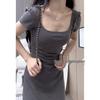 Petite French Square Neck Slimming Summer A-line Midi Dress for Women