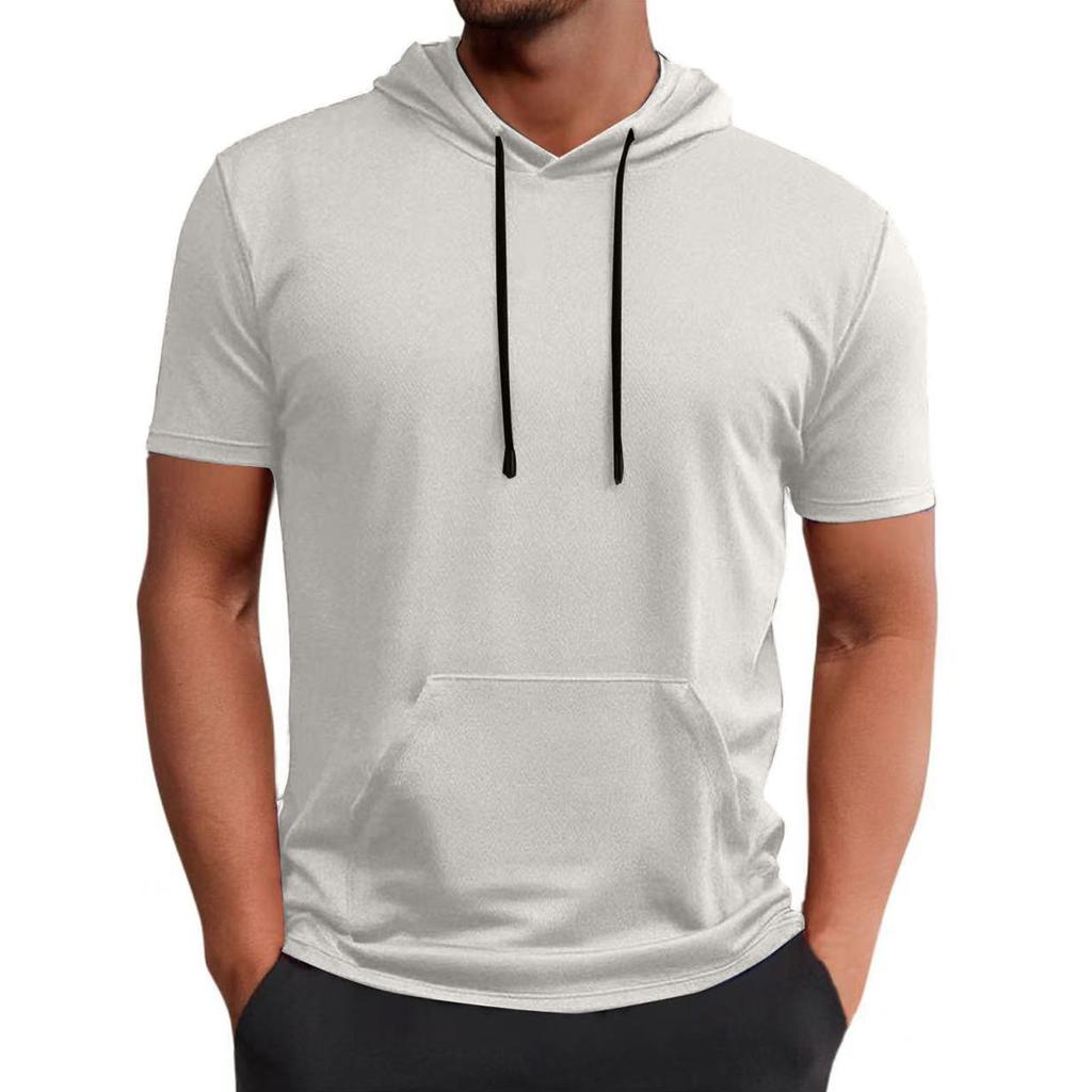 Men Short Sleeve Hooded T Shirt Lightweight Pullover Athletic Fit Drawstring Pocket Casual Top