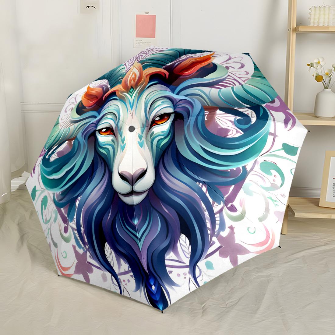 

Celestial Ram Portrait Compact Travel Automatic Umbrella Compact 8-Rib Design Lightweight for Outdoor Daily Use Stylish Accessory Gift for Festivals