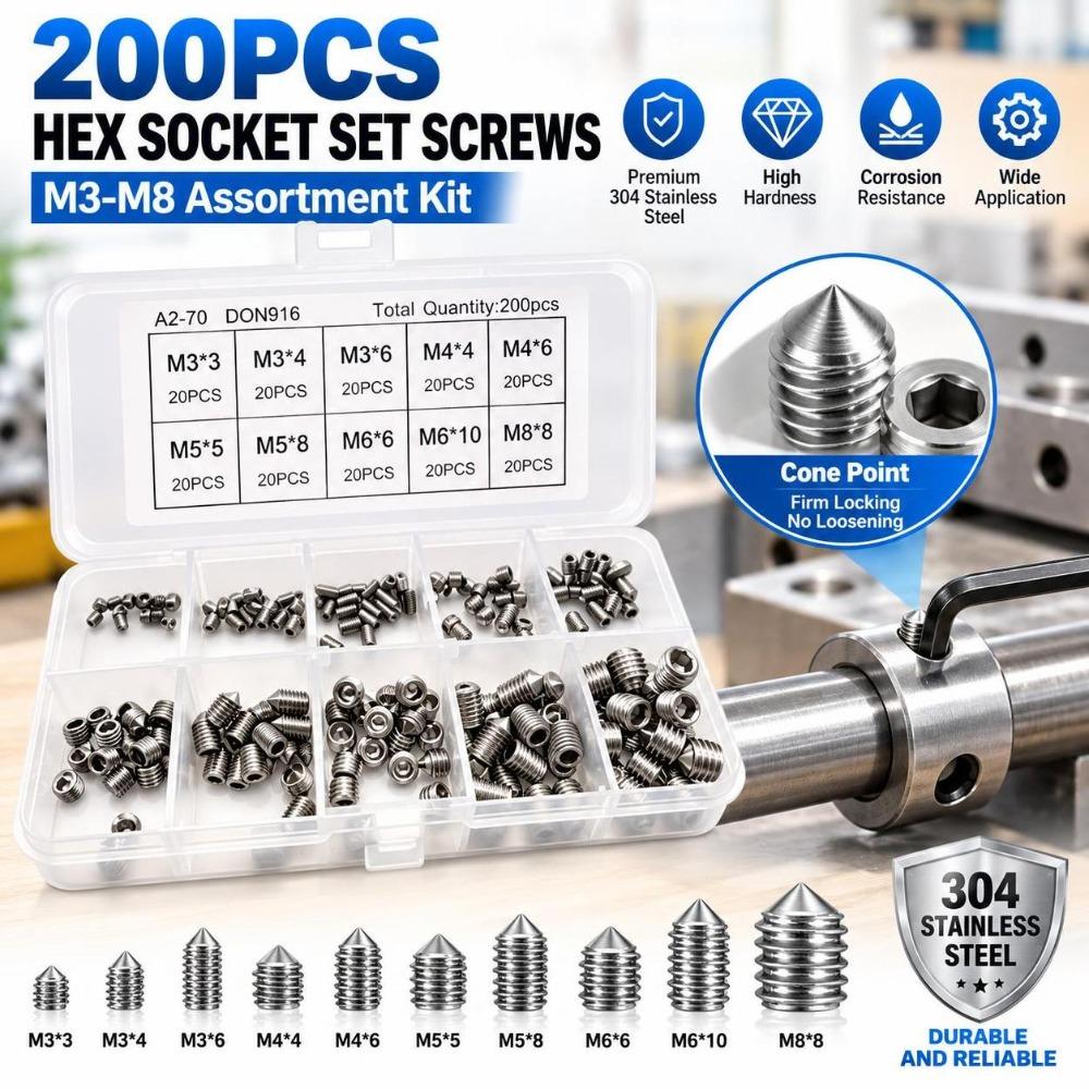200PCS Silver Grub Screw Set M3 To M8 Inner Hex Screw Stainless Steel Screw For Precise Instrument