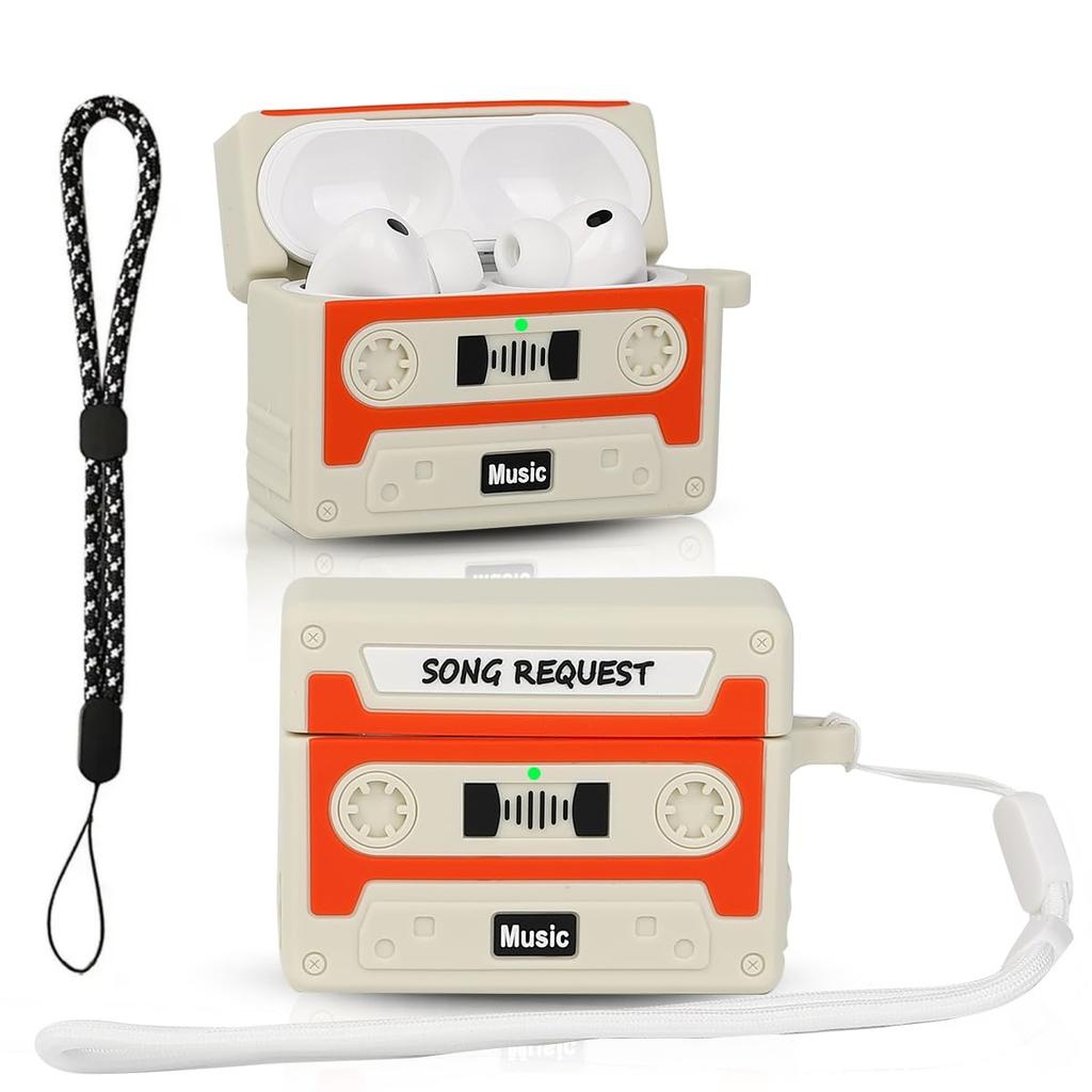 3D Retro Case For AirPods Pro 3 Music Cassette Tape Design with Rope Soft Silicone Earphone Protective Case For AirPods Pro 3