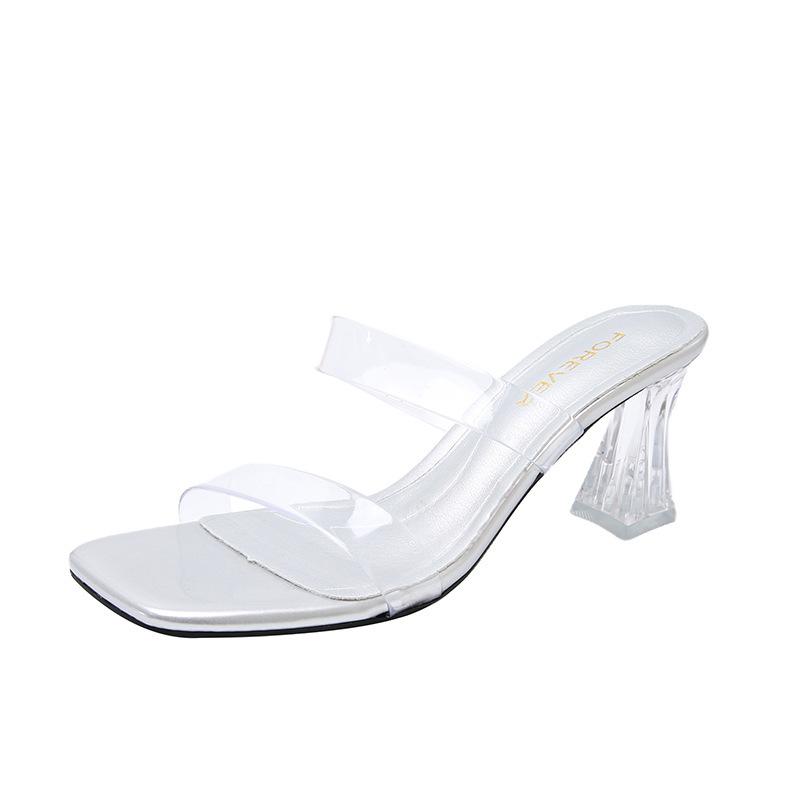 

Одно слово с темпераментом прозрачный кристалл квадратная голова толстый каблук высокий каблук крутые шлепанцы женские летние для улицы юбка 39 серебряный