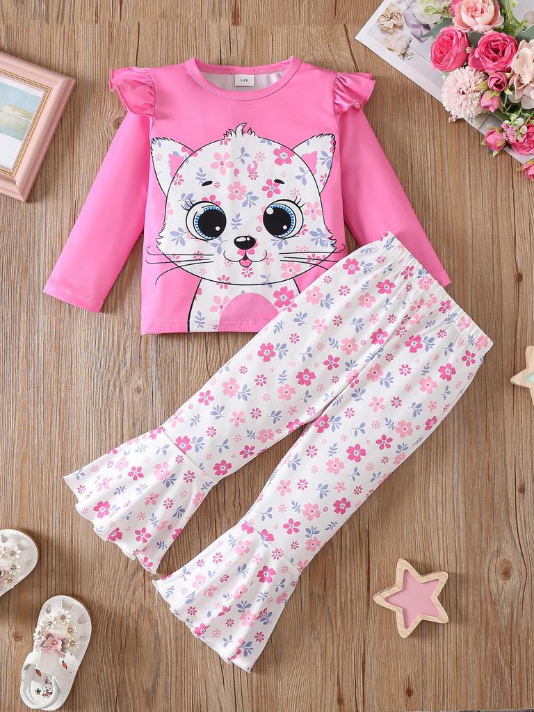 Kids Girls 2 Piece Outfit Spring Fall Long Sleeve Cartoon Cat Pullover Top Floral Flared Trousers Fashion Casual Children Clothing Set