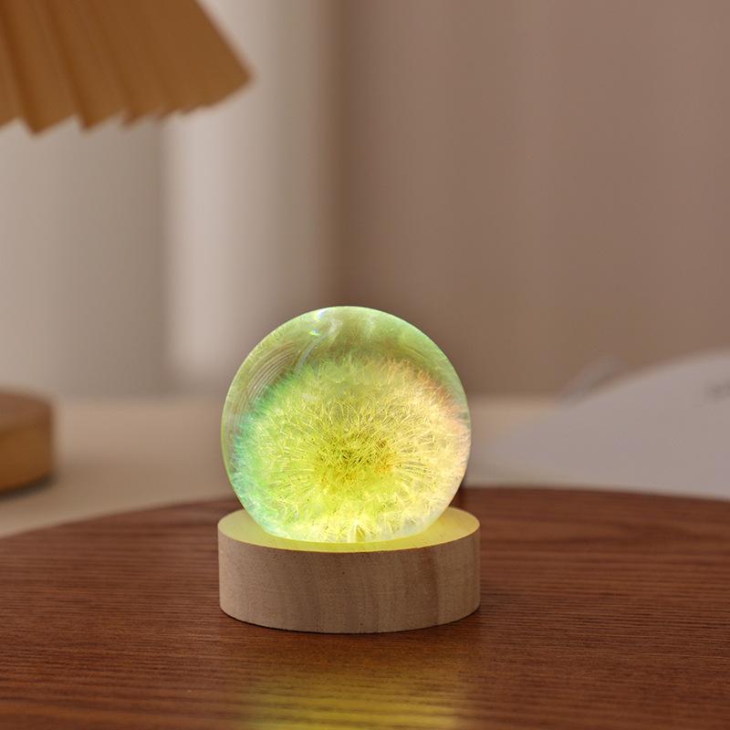 Dandelion Crystal Ball Night Light with Preserved Flower 3D Carving Luminous Resin Ornament.