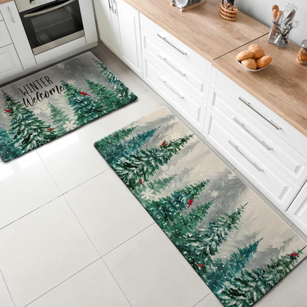 Christmas Kitchen Mat Household Kitchen Water-Absorbing And Dirt-Resistant Long Strip Two-Piece Set Foot Mat Decorative Floor Mat