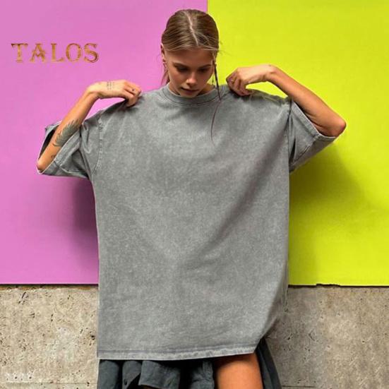 Damen T-Shirt Rundhals Kurzarm Loose Fit T-Shirt Einfarbig Washed Distressed Retro Pullover Tops Streetwear