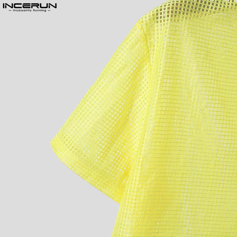 INCERUN Men Hollow Out Short Sleeve Tops Deep V Neck Beach Party T-shirts