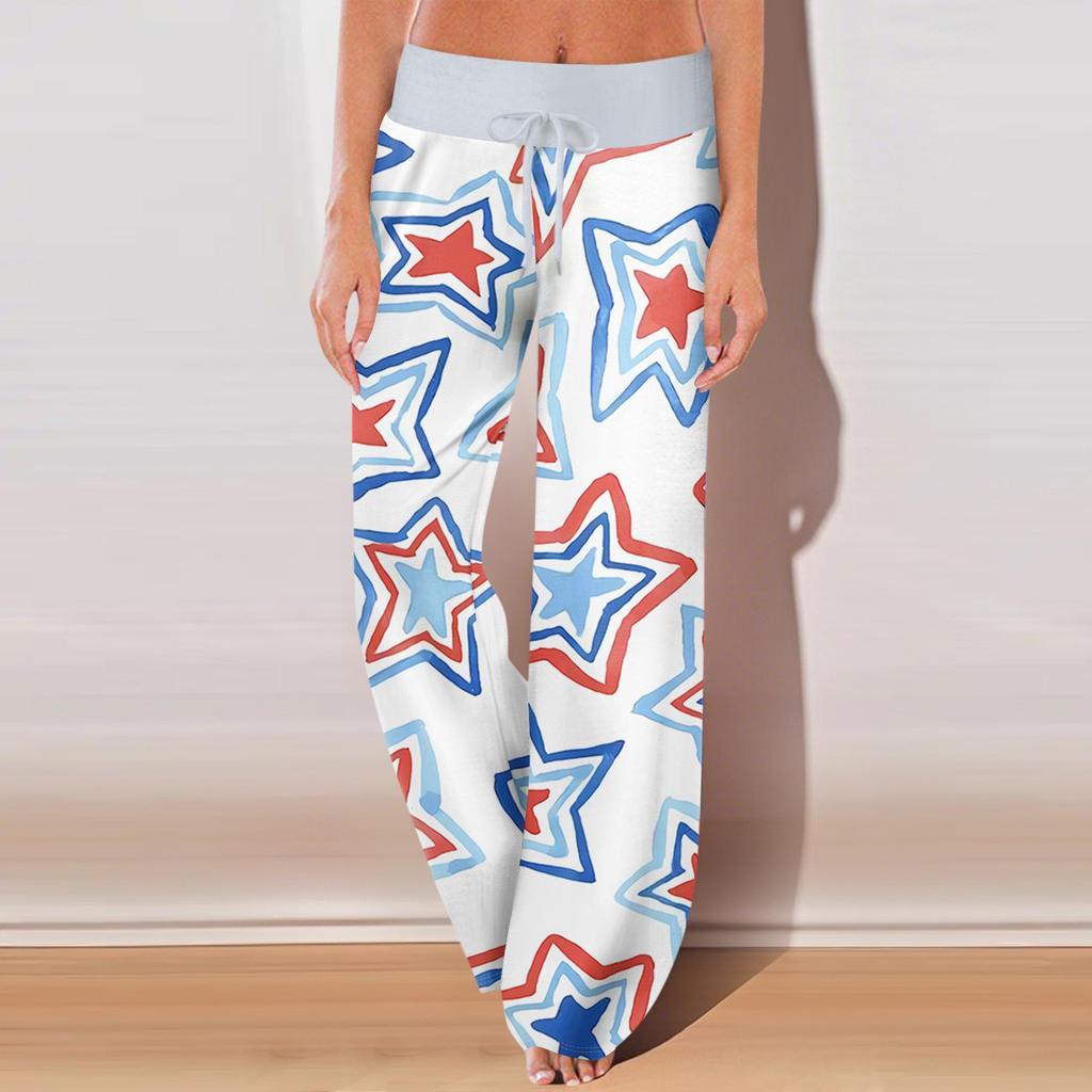 Damen Casual Sporthose mit Retro-Prints, perfekt für den Unabhängigkeitstag, mit Taschen und langer Länge.