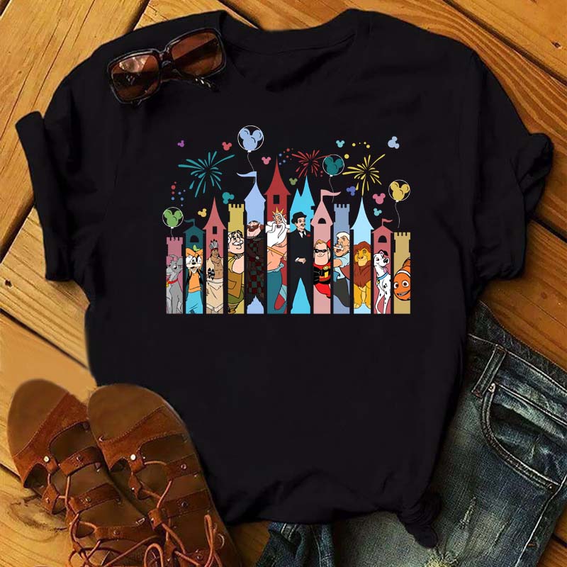 Funny Summer Disney Villains Printed Women T Shirts Round Neck Y2k Clothes Cartoon Graphic T Shirts 90s Female Tops Tees