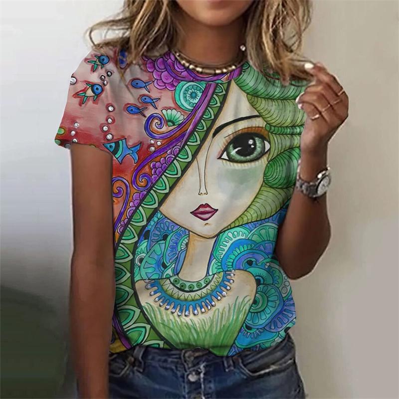 Classic Girls Face Painting 3D Graphic Tee Fashion Floral Print T Shirts For Woman Girl Street Harajuku Colorful Tshirt Tops