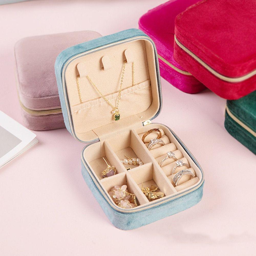 

Квадратная бархатная шкатулка для украшений на молнии для сережек, органайзер для винтажного ожерелья, кольца, чехол для женщин
