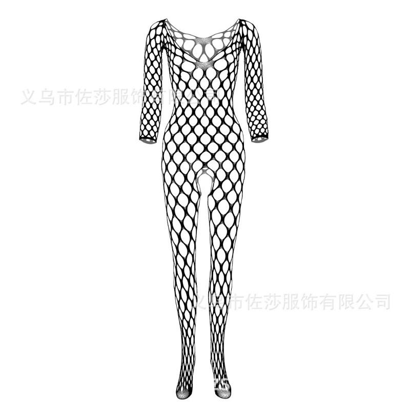 Sexy underwear Sexy long-sleeved large mesh hole One-piece net socks Net clothes Open crotch perspective