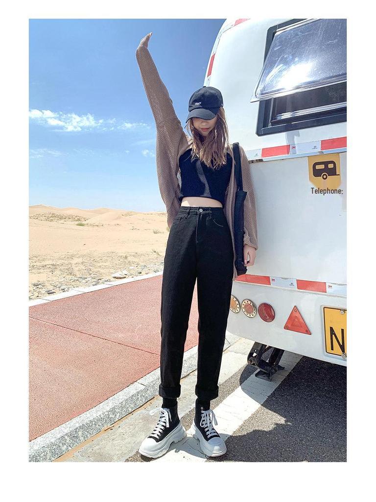 High-Waisted Fleece-Lined Korean Style Jeans for Petite Women, Autumn/Winter, Loose Fit, Straight Leg, Harem Carrot Cut.