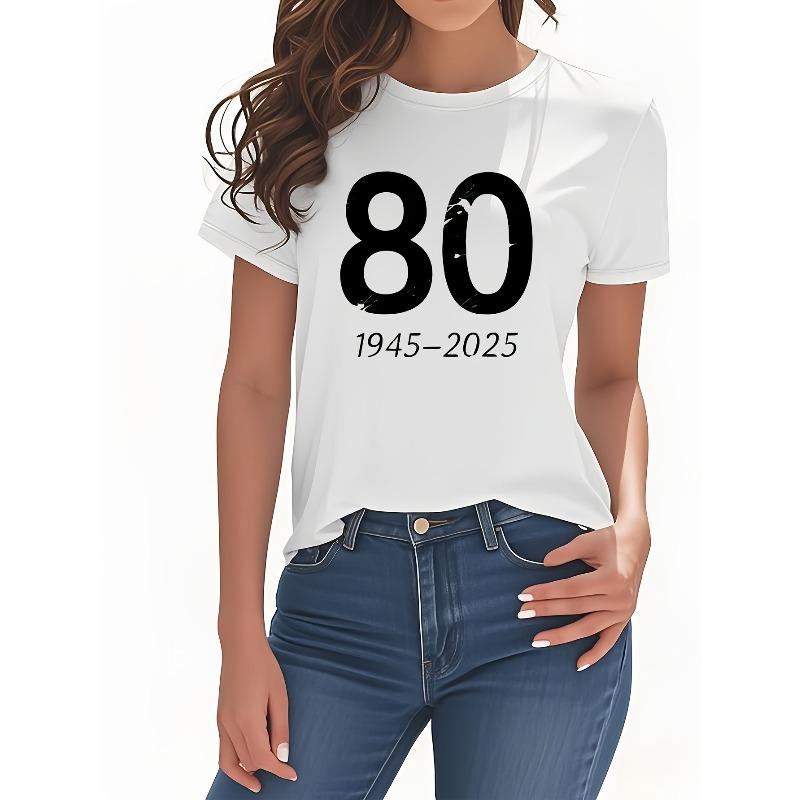 

Women S 80th Birthday Celebration Graphic T-Shirt - Short Sleeve Crew Neck, Vintage Retro Style, Casual Everyday & Party Wear S белый