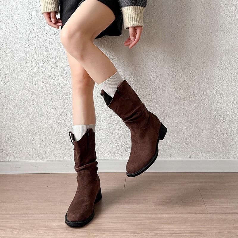 Medium boots pleated thick heel no thin V thin pile autumn mouth women's boots western versatile boots women's fashion