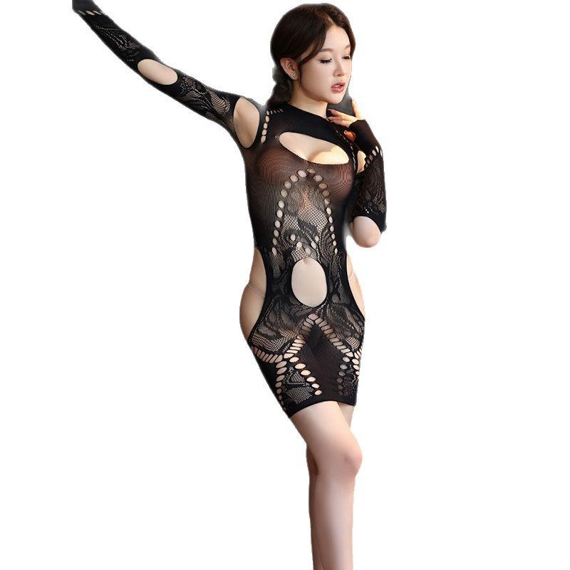 European and American sexy net clothes one-piece slim-fit clothes, sex uniform temptation, long-sleeved underwear, hip-wrapped jumpsuit, hollow