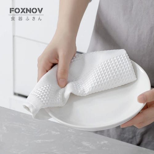 FOXNOV Absorbent Microfiber Dishcloths for Kitchen, Dish, and Glass Wiping (45 X 37cm) - Hotel-Grade, Commercial Use, White (Set of 3) - Perfect As a