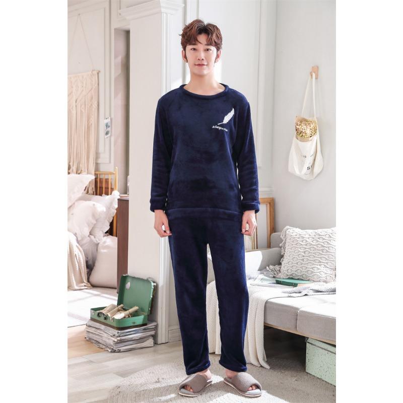 Thickened Warm Winter Flannel Pajamas Men Padded Long-Sleeved Long Trousers Letters Sleepwear Homewear Loungewear Two-Piece Set