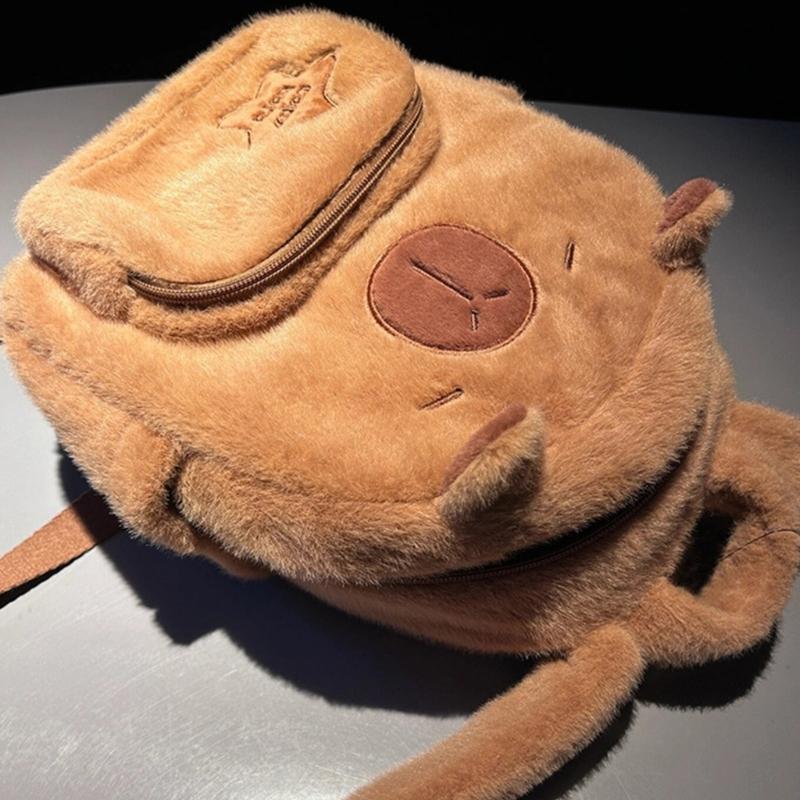Cartoon Plush Capybara Animal Backpack for Teens Multiple Pockets Student School Bag Zippered Crossbody Shoulder Bag