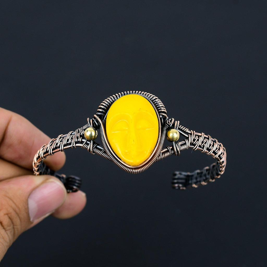 Yellow Praying Lady Carved Bone Face Handmade Latest Design Jewelry Bangle, 999 Copper Wire Wrapped Gemstone Bangle, Gift For Sister