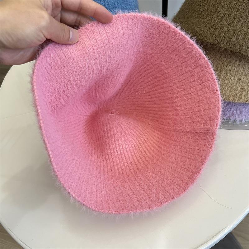 New Imitation Mink Knitted Vertical Striped Bucket Hat Women's Simple Solid Color Warm Fisherman Hat Trendy