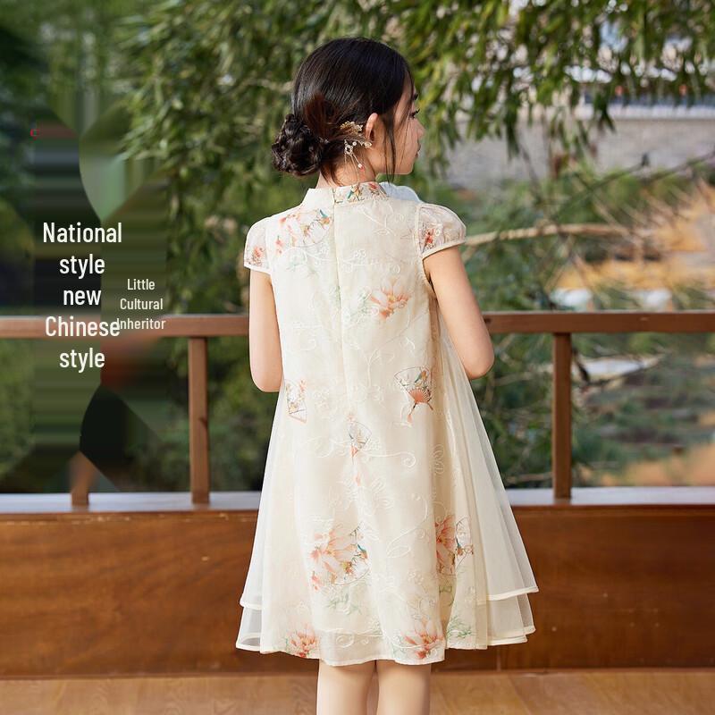 ASK JUNIOR Girls' Chinese Style Embroidered Mesh Princess Dress