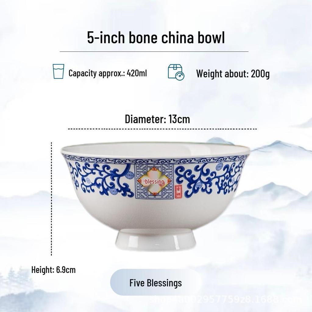 Blue and White High-Foot Bone China Noodle Bowl - Chinese-Style, Anti-Scald, Customizable for Birthdays