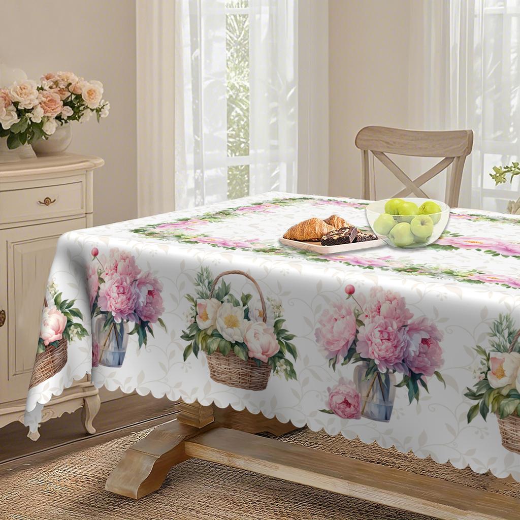 Round Dining Table Cloth, Pink Flower Basket Vase Waterproof And Oil-Proof Leave-In Tablecloth, Household Dining Table Cloth