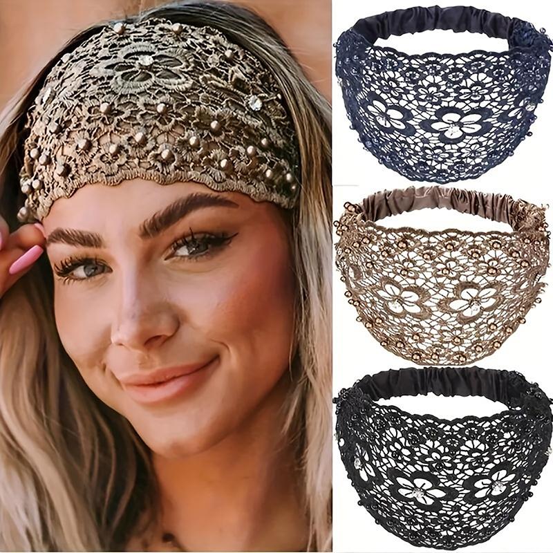Bandeau pour cheveux style bohème 4 couleurs pour femmes, couleur kaki, décoration de fleurs creuses en fausses perles, convient pour les bandeaux décontractés, mignons, vintage