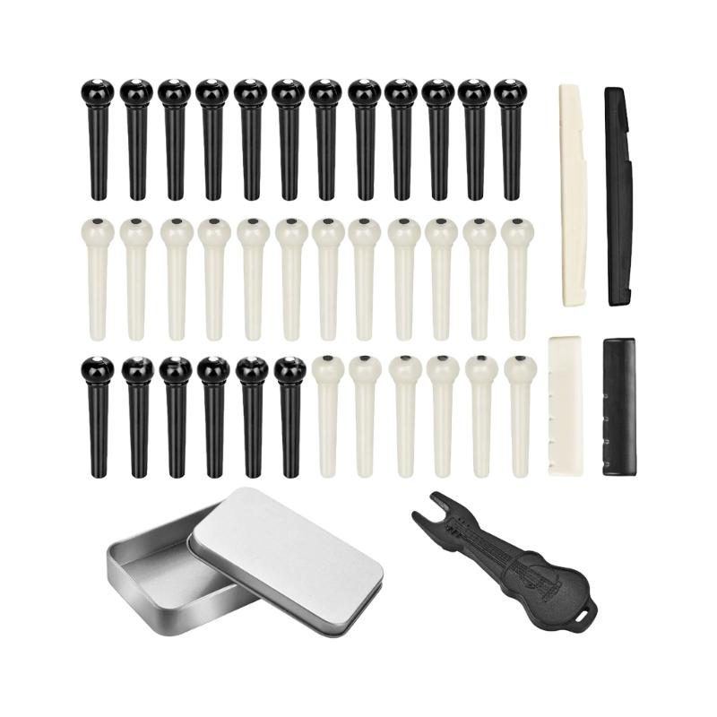 Acoustic Guitar Bridge Pin Set with Saddles and Metal Puller Tool Suitable for Easy String Replacement and Maintenance
