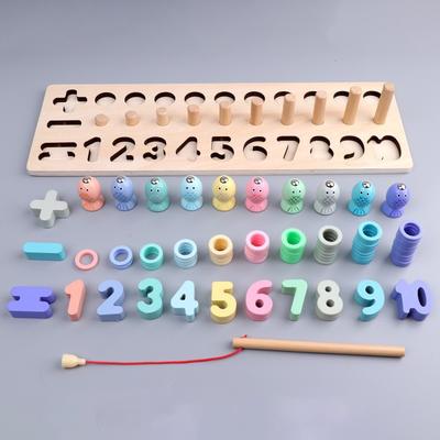 Wooden Early Education Geometric Children Recognize Numbers Building Block Toys Puzzle Fishing Logarithmic Board Three-in-one Boys and Girls Baby