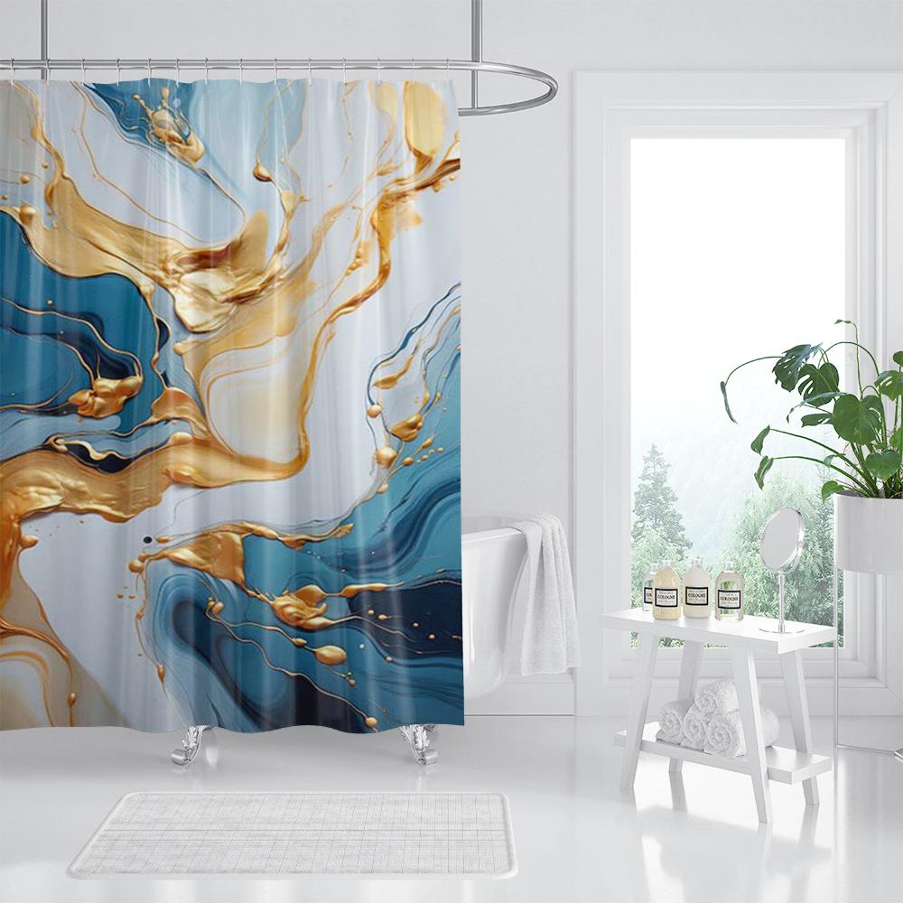 Black Gold Marble Crack Bathroom Shower Curtain Luxury Abstract Deco Textured Geode Art Polyester Fabric Hooks Bath Curtain Set