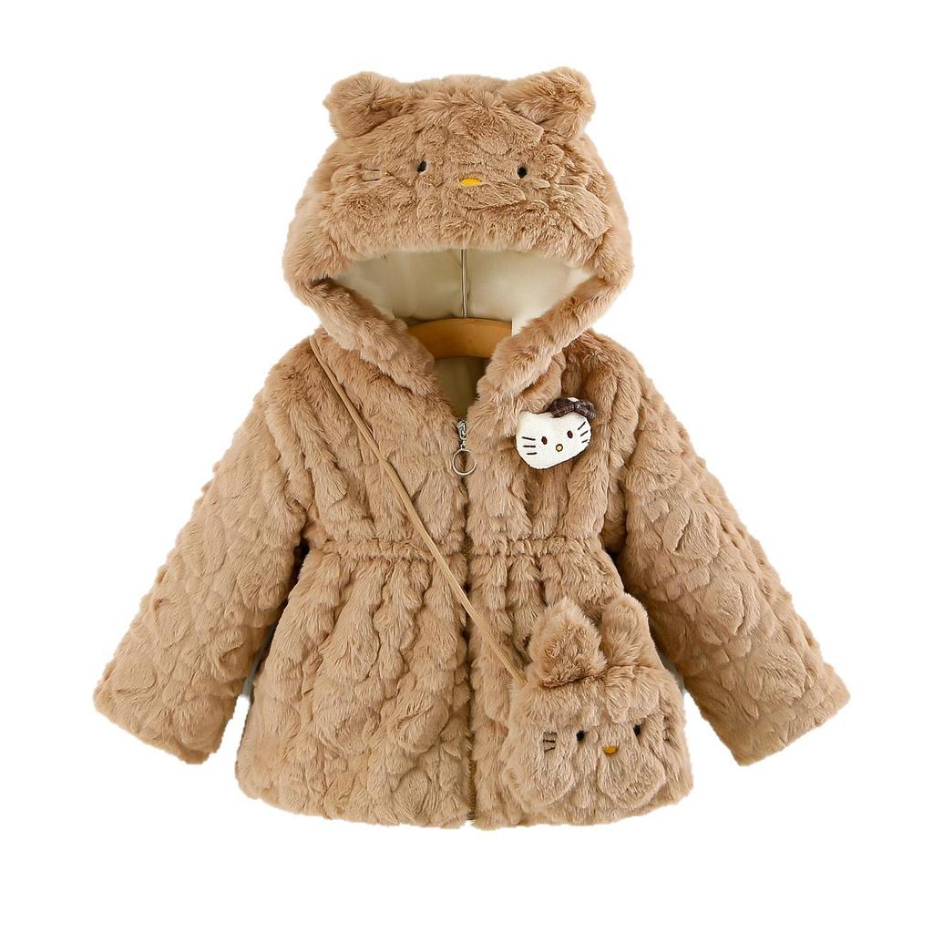 Cappotto Felpa con Cappuccio Peluche Ricamato Gatto Cartone Animato per Bambine – Trapuntato in Ecopelliccia per Autunno/Inverno