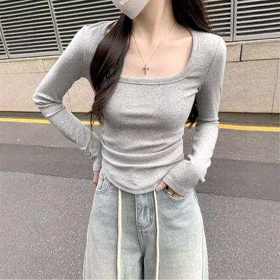 Simple Square Neck Leaking Collarbone Top Women's Spring New Card Waist Pleated Small Long-sleeved Shirt Bottoming Shirt