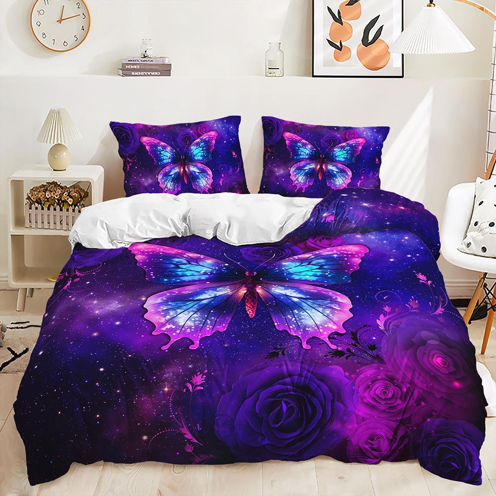 Butterfly Mushroom Flower Digital Printing Duvet Set Three-Piece Bedding Set