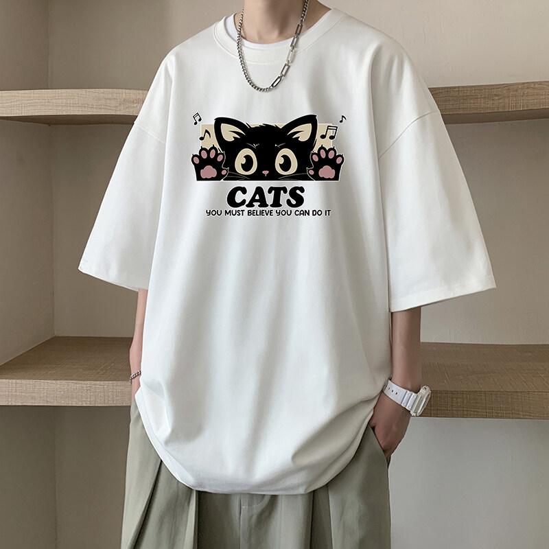 Unisexs Cotton Tshirts White Unisexs Oversized T Shirt Anime Cat Print Summer Casual Wear 5XL Tee Shirts Big Size Male Clothes