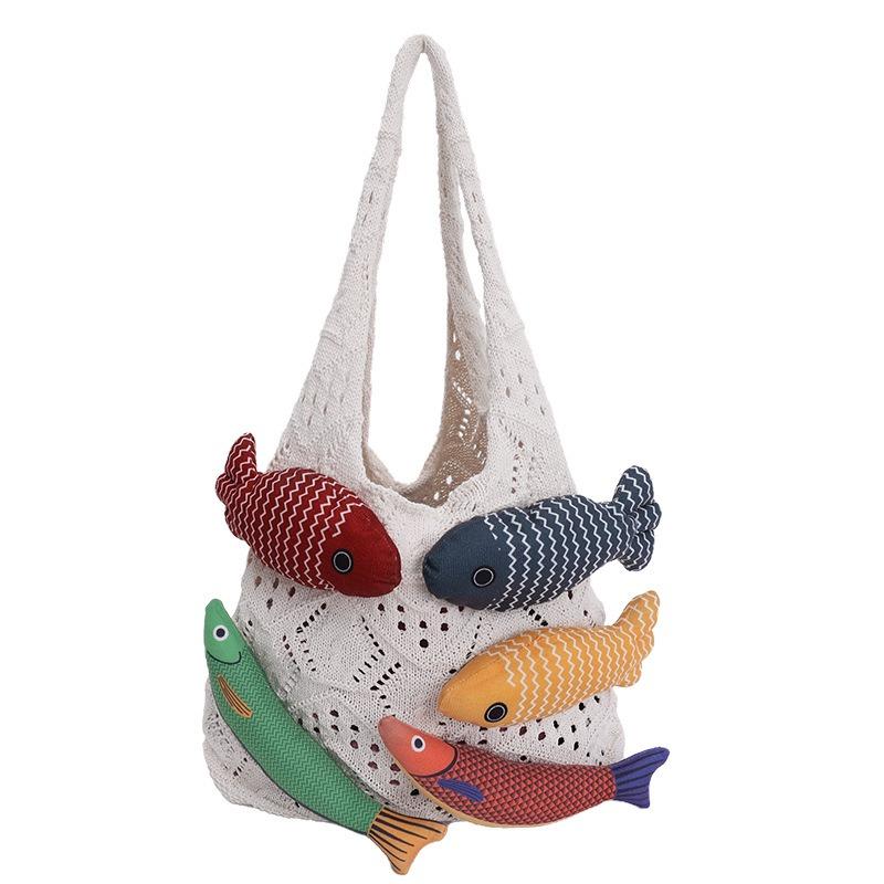 Niche design sense bag women's knitted wool woven bag splicing vacation leisure portable shoulder tote bag