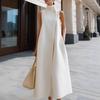 Women Elegant Sleeveless Midi Dress High Mock Neck Button Decor A Line Long Dress Loose Solid Color Vest with Pocket Office Business Formal Daily Wear