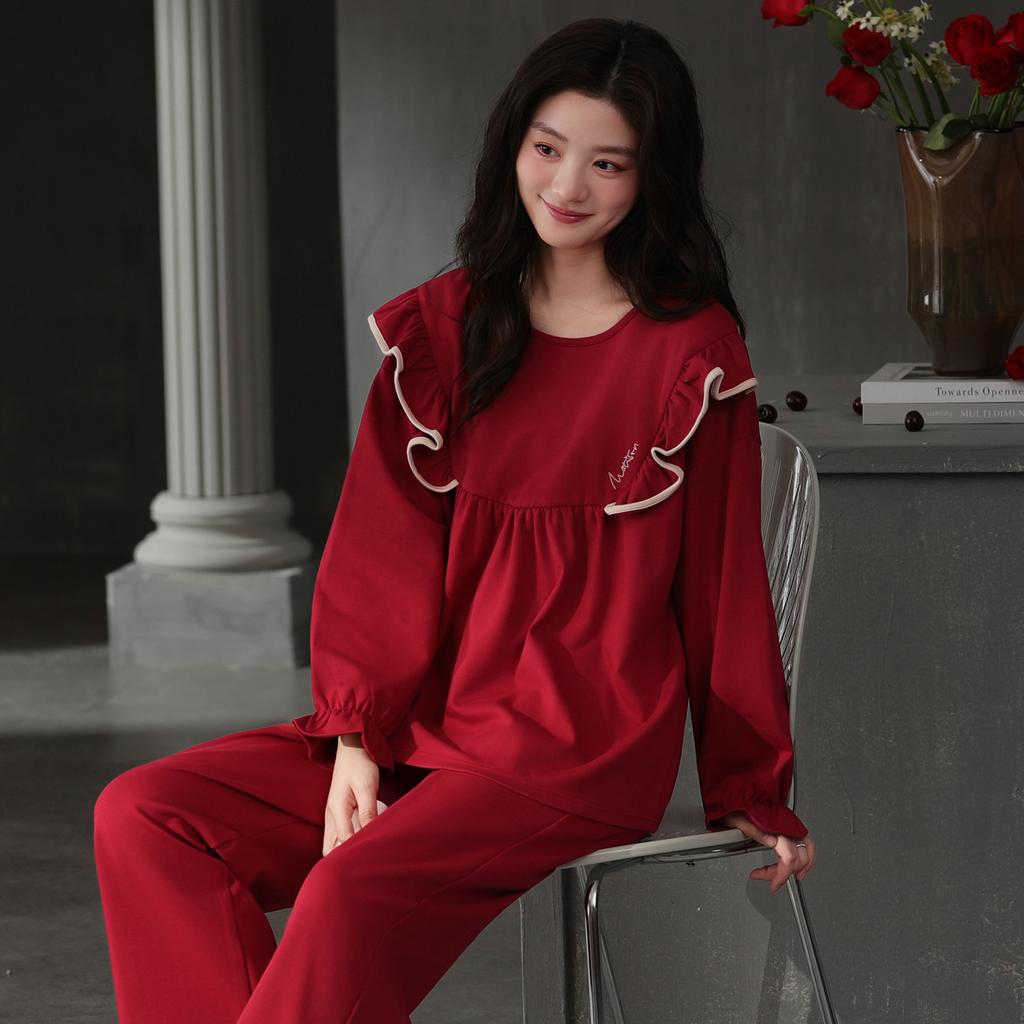 Spring and autumn new red cotton long-sleeved newlywed couple pajamas wedding men and women with chest pads for wedding loungewear winter