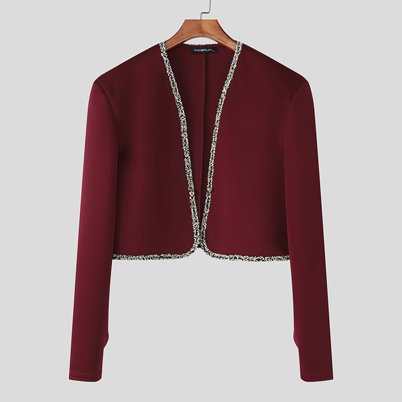 

INCERUN Men Long Sleeve Open Front Stitching Short Crop Tops Shirts S вино красного